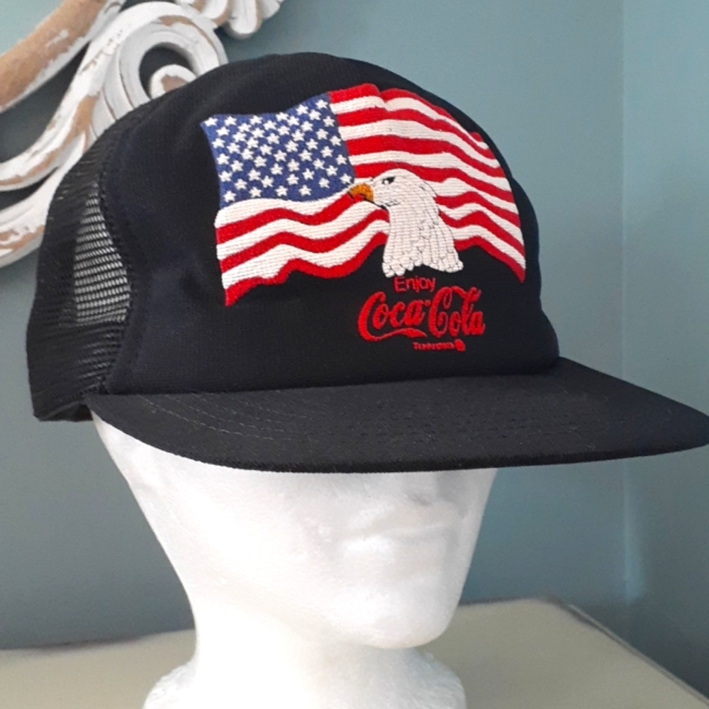 ^ Vintage Coca Cola Truckers Hat with American Flag & Eagle